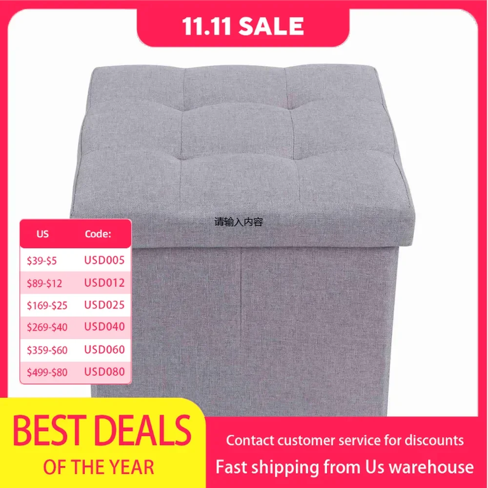 Folding Storage Square Foot Rest Stool with 4 Wooden Legs and Removable Cushion (Light Gray)