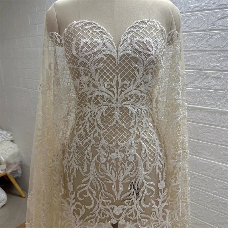 

Nude Color Heavy Bead high Quality Fashion Party Wedding Gown Dress Embroidery Tulle Lace Fabric 1 Yard