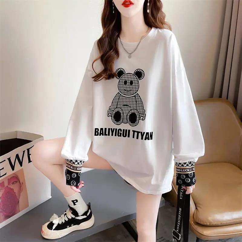 Winter Fleece Loose Fashion Printing O-neck T-Shirts Women Clothing Casual Letter Long Sleeve Striped Mid Length Top Female Tops