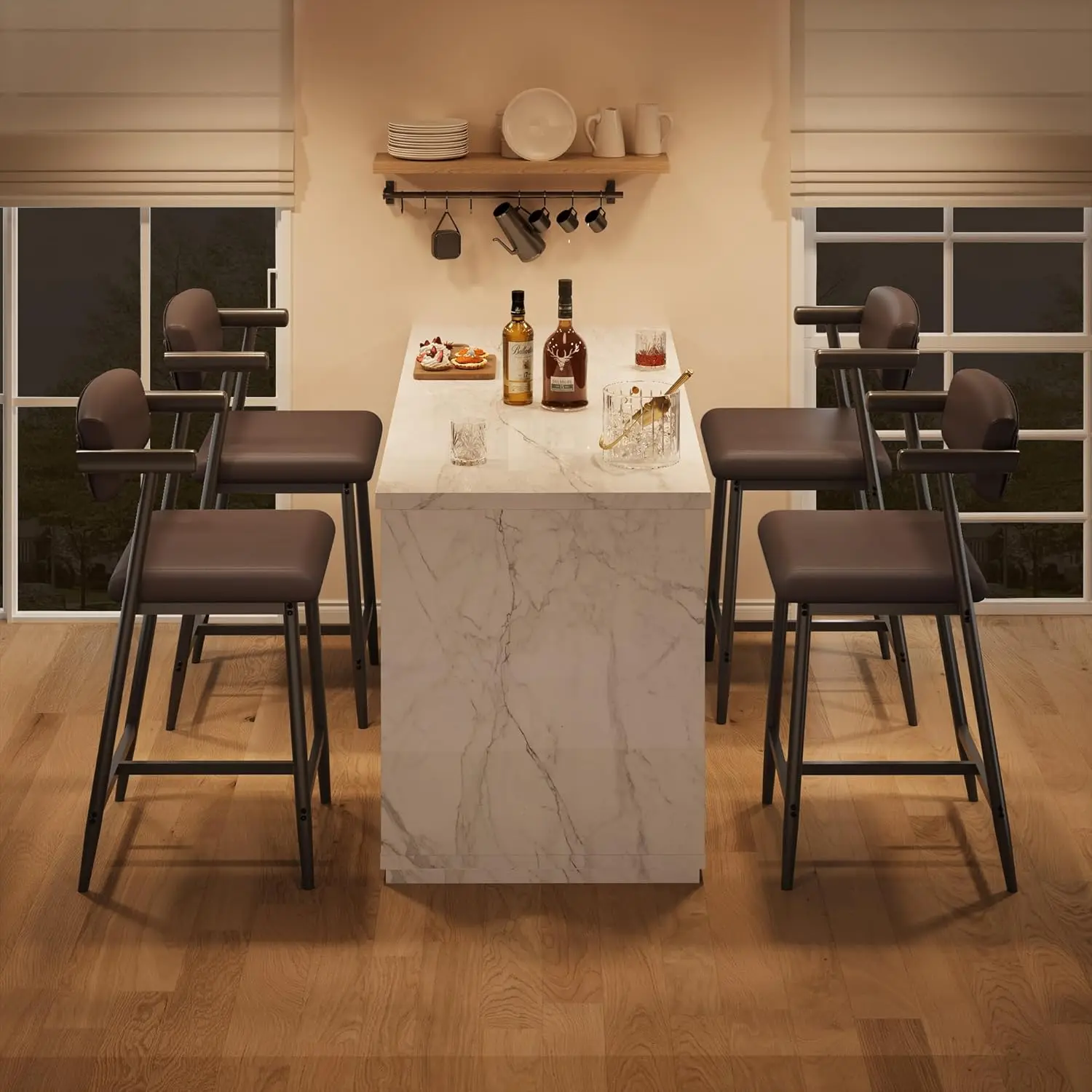 2PCS 26" Counter Height Barstools Set with Back & Footrest Modern Metal Bar Stools Wide Seat for Counter Bar, Kitchen Island