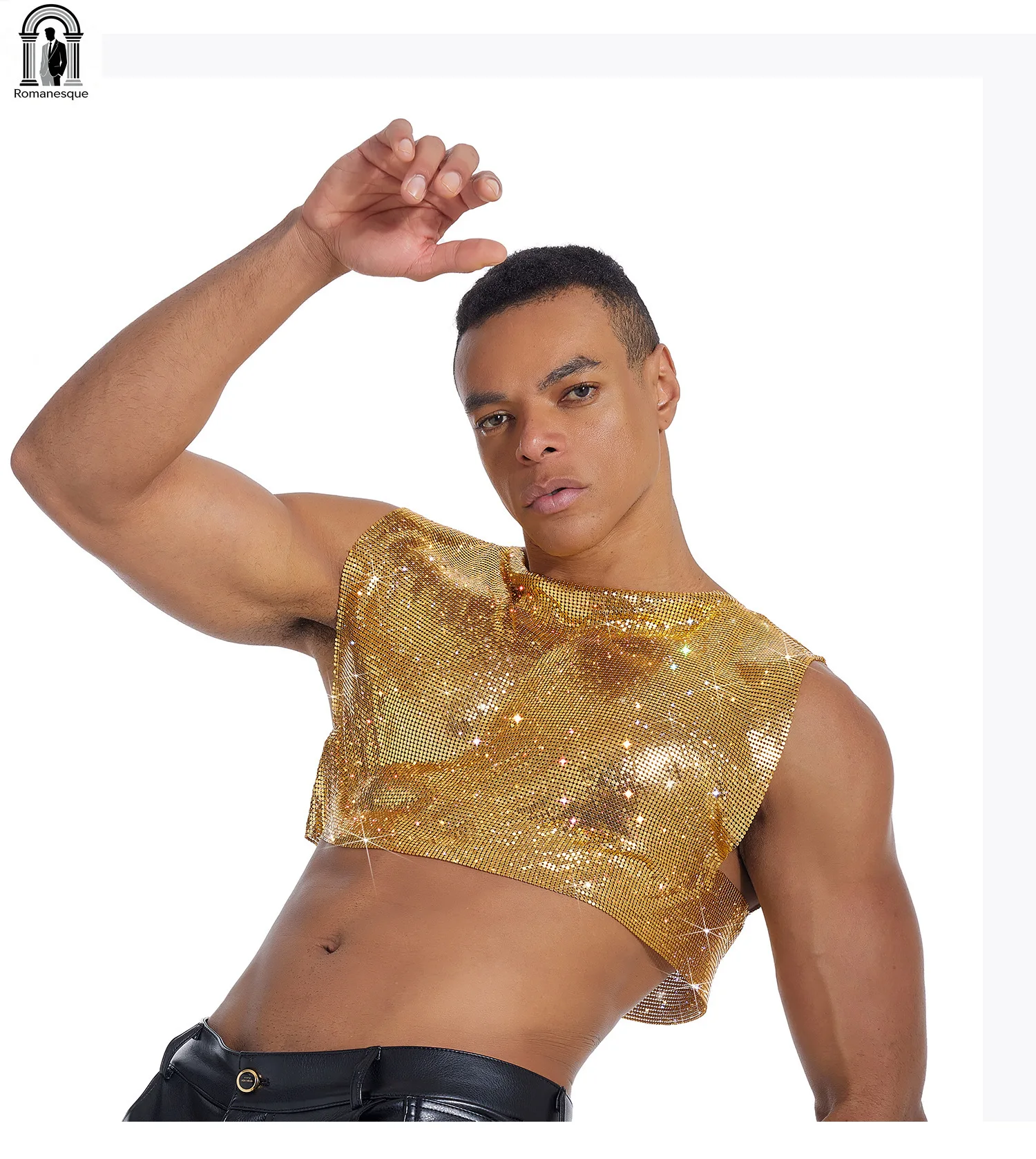 Glitter Diamond Fishnet Crop Top For Men O Neck Sleeveless Slim Fit Cut Off Tank Top Festival Party Outfit  custom tank top