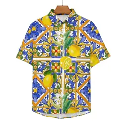 Fruit Print Blouses Man Oranges And Lemons Casual Shirts Hawaii Short Sleeve Vintage Oversized Vacation Shirt Birthday Gift