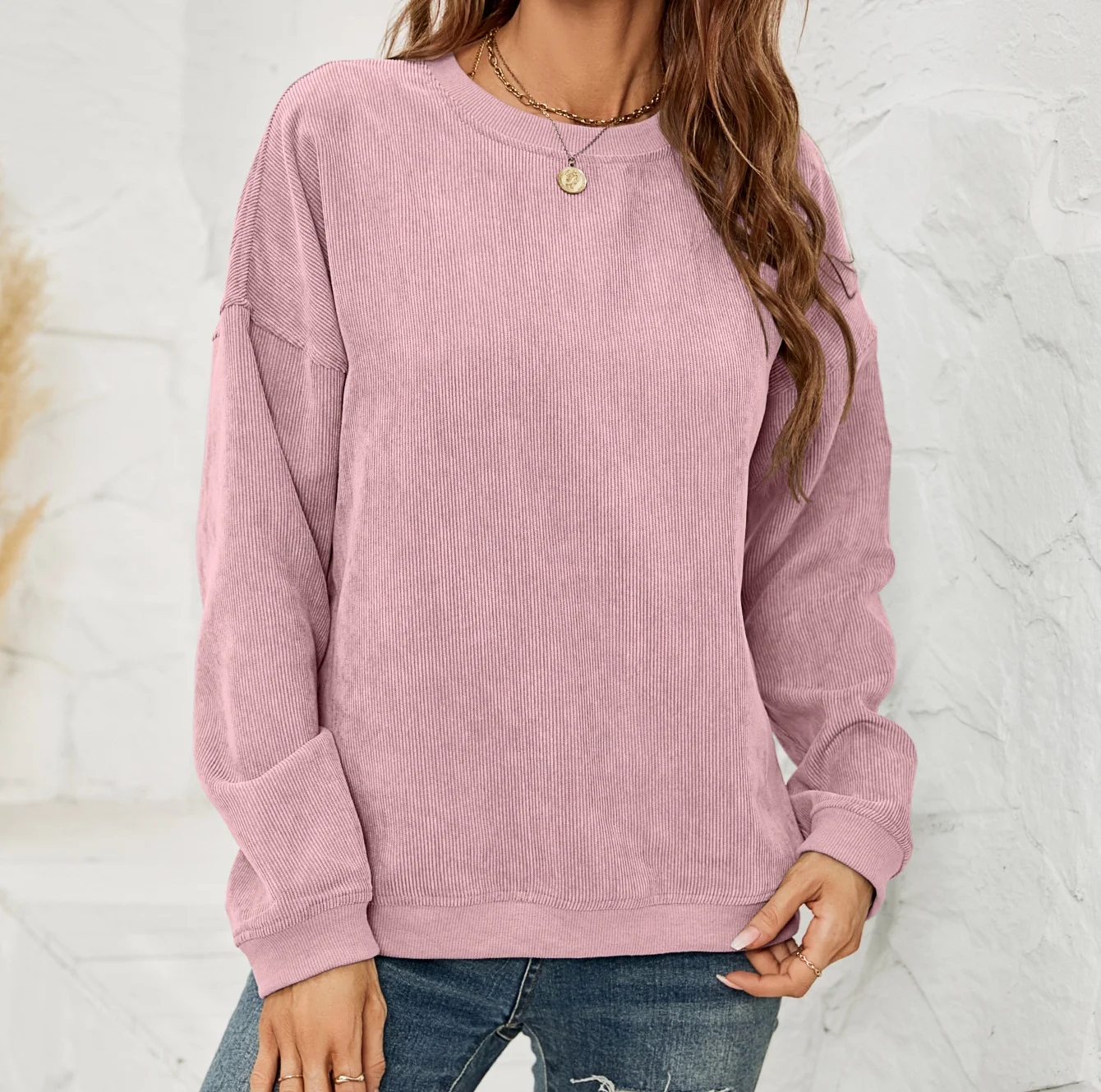 Women's Fashion Corduroy Solid Color Pullover Sweatshirt Casual Women's Clothing Autumn Round Neck Long Sleeved Loose Daily Top