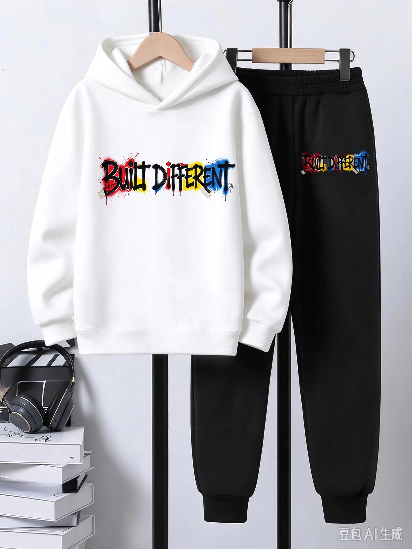 Fashionable boy hoodie and pants set with unique colored letter print, perfect for outdoor sports