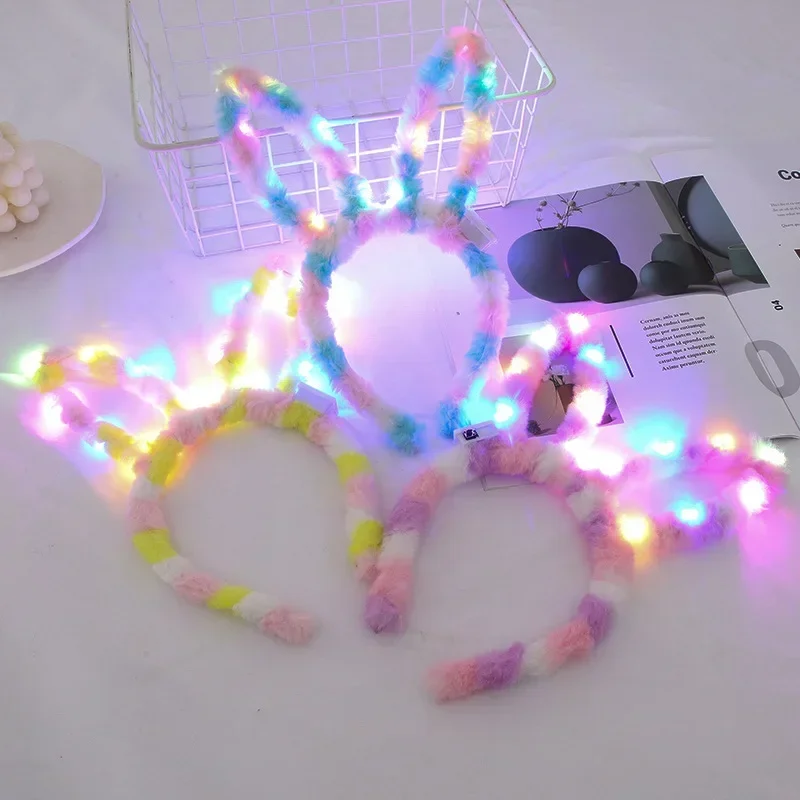 Plush Rabbit Cat Ears Colorful Luminous LED Hair Hoop Light Up  Flash Headdress Party Birthday Decor  Wedding Festival