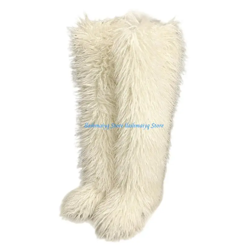 

573B Fashionable Warm Thick Faux Furs Women's Furry Thigh High Winter Footwear