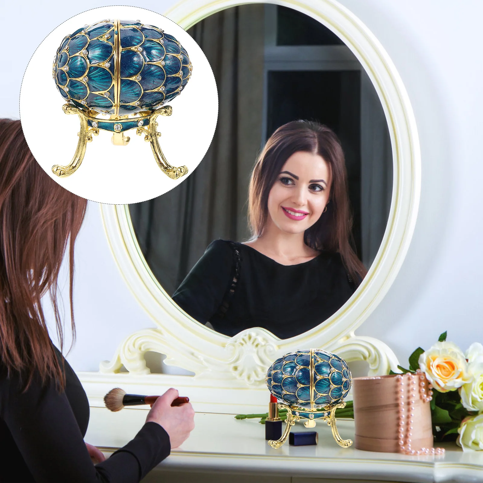 

Jewelry Storage Box Egg Shaped Rhinestone Trinket Case Vintage Jewelry Organizer Dresser Decoration Egg Trinket Box