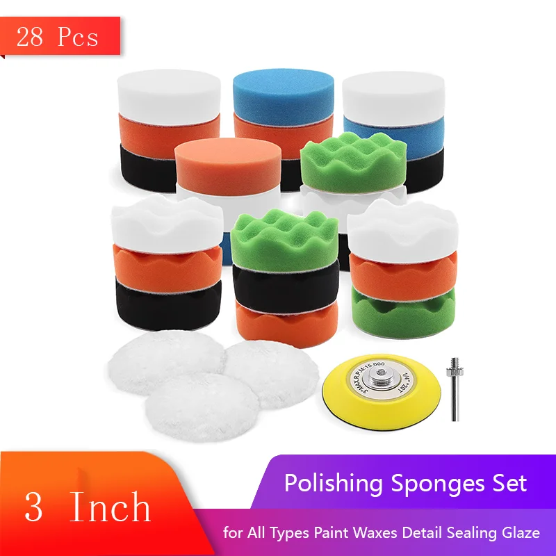 3 Inch Polishing Sponges Set 28 Pcs 80 mm with Polishing Attachment Sanding Plate for All Types Paint Waxes Detail Sealing Glaze