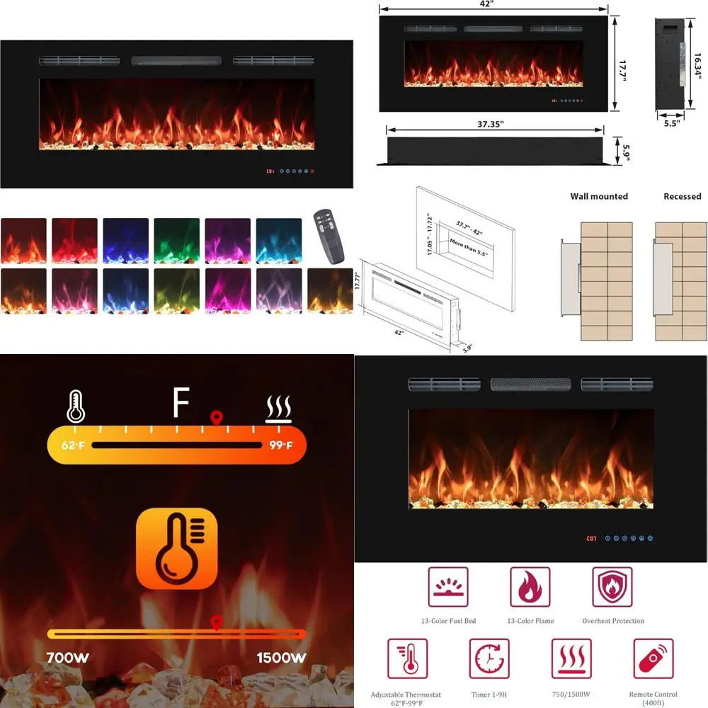 

Infrared Electric Fireplace Insert, Wall-Mounted Heater with Adjustable Flame Colors, Timer, and Thermostat