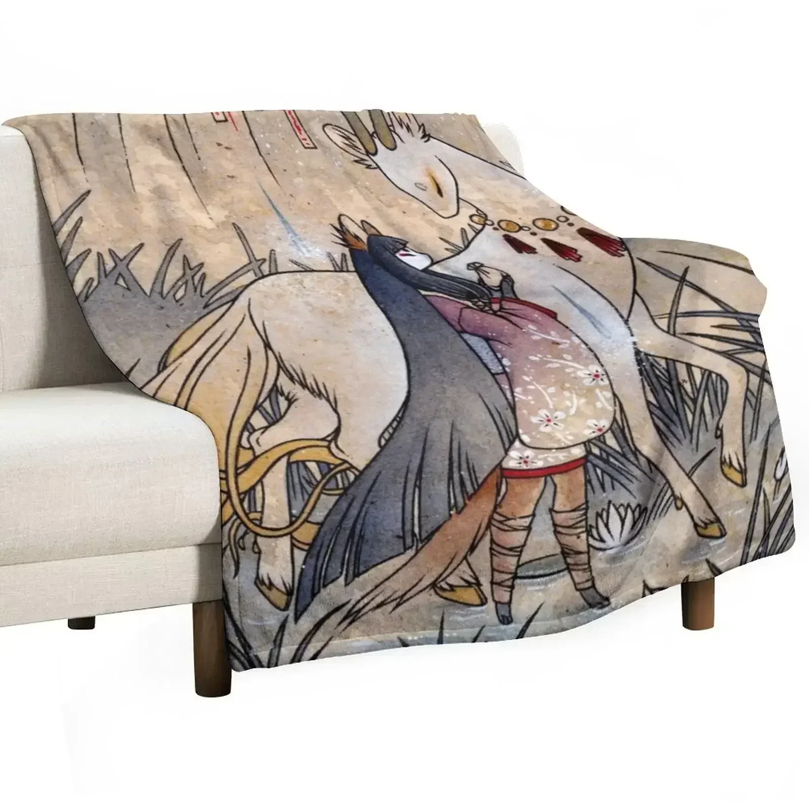 The Meeting of the Fox and Wish Spirit Throw Blanket Decorative Beds Beautifuls Blankets