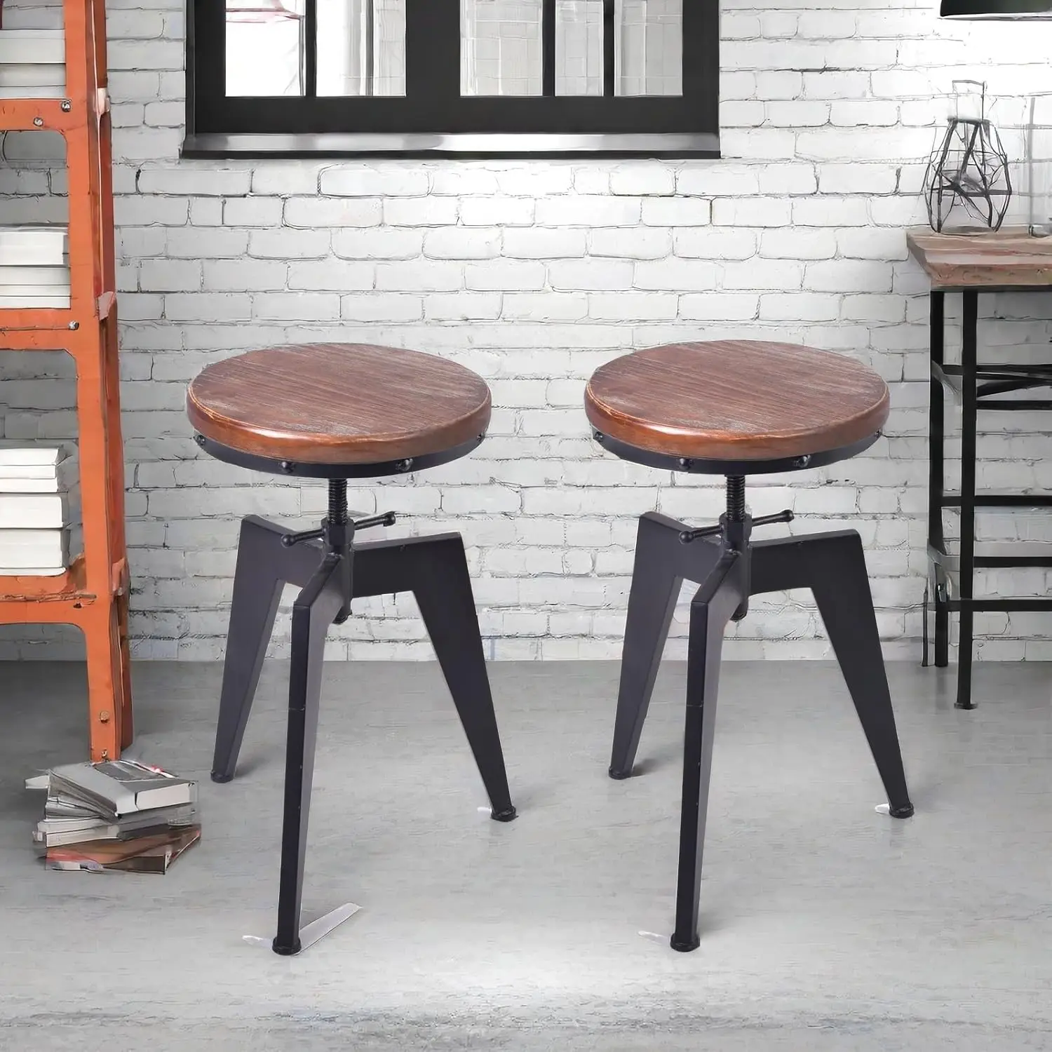 

Set Of 2 Industrial Bar Stools-18.89-24.8 H Adjustable Counter Height Kitchen Stools For Island-Rustic Swivel Wood Metal Bar