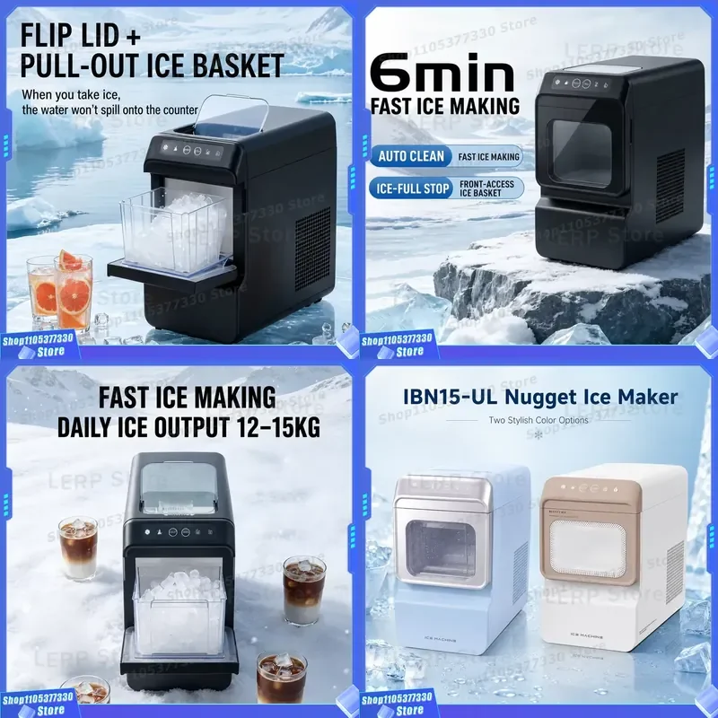 New 15KG Ice Makers Countertop with Handle, Portable Ice Machine Nugget Ice Auto-Cleaning with Basket and Scoop for Home