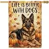 German Shepherd House Flag, Fanciful Nature-Inspired Pumpkins Autumn Leaves Fall Orange Burlap Double Sided Outside Large Ga llz