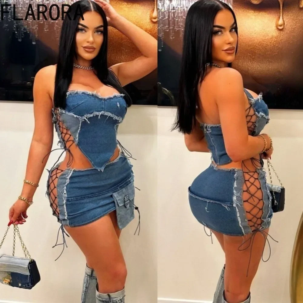 FLARORA Fashion Denim Hollow Lace Up Mini Skirts Two Pieces Set Women Strapless Crops Top and Side Bandage Skirts Cowboy Outfits