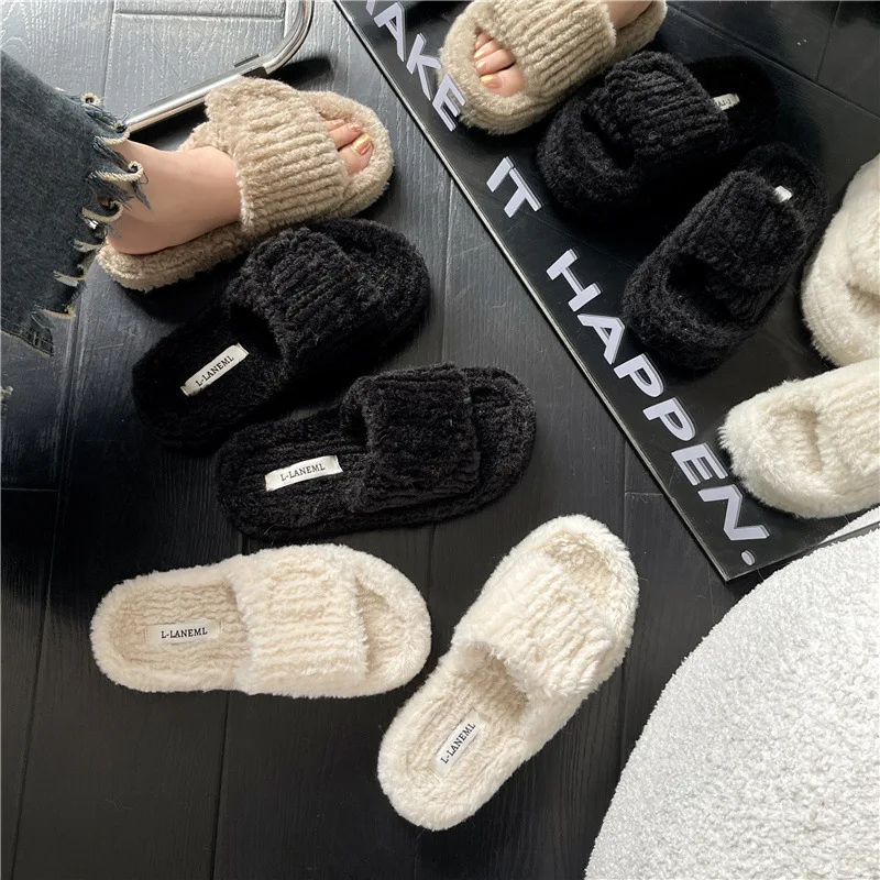 Woolly Slippers Female Autumn and Winter Fashion Foreign Trade Large Size Explosive Flat Flat Word Warm Cotton Mop