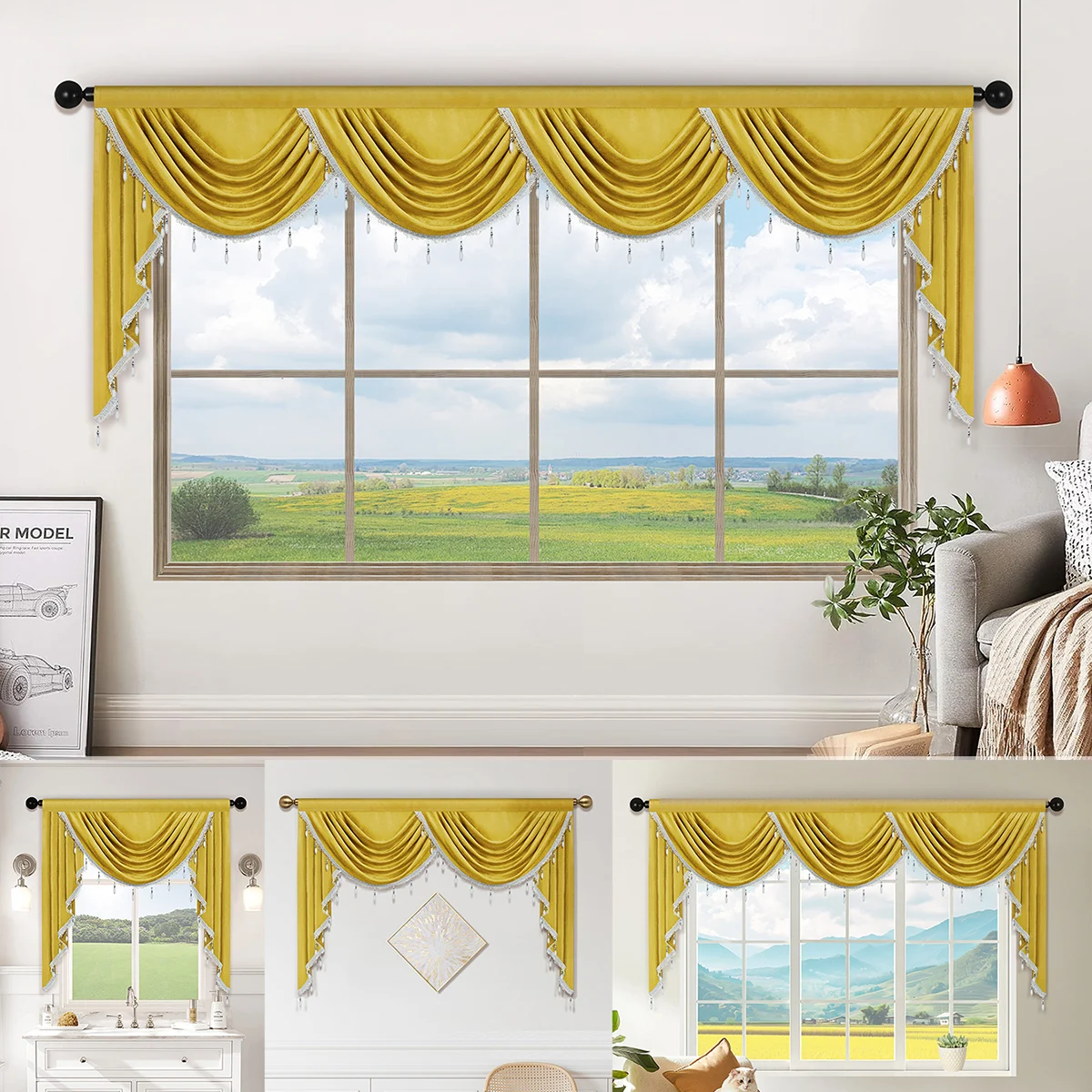 

1pc European Luxury Style Valance Curtain,Rod Pocket,Italy Velvet Fabric Gold Valance for Living Room Decor