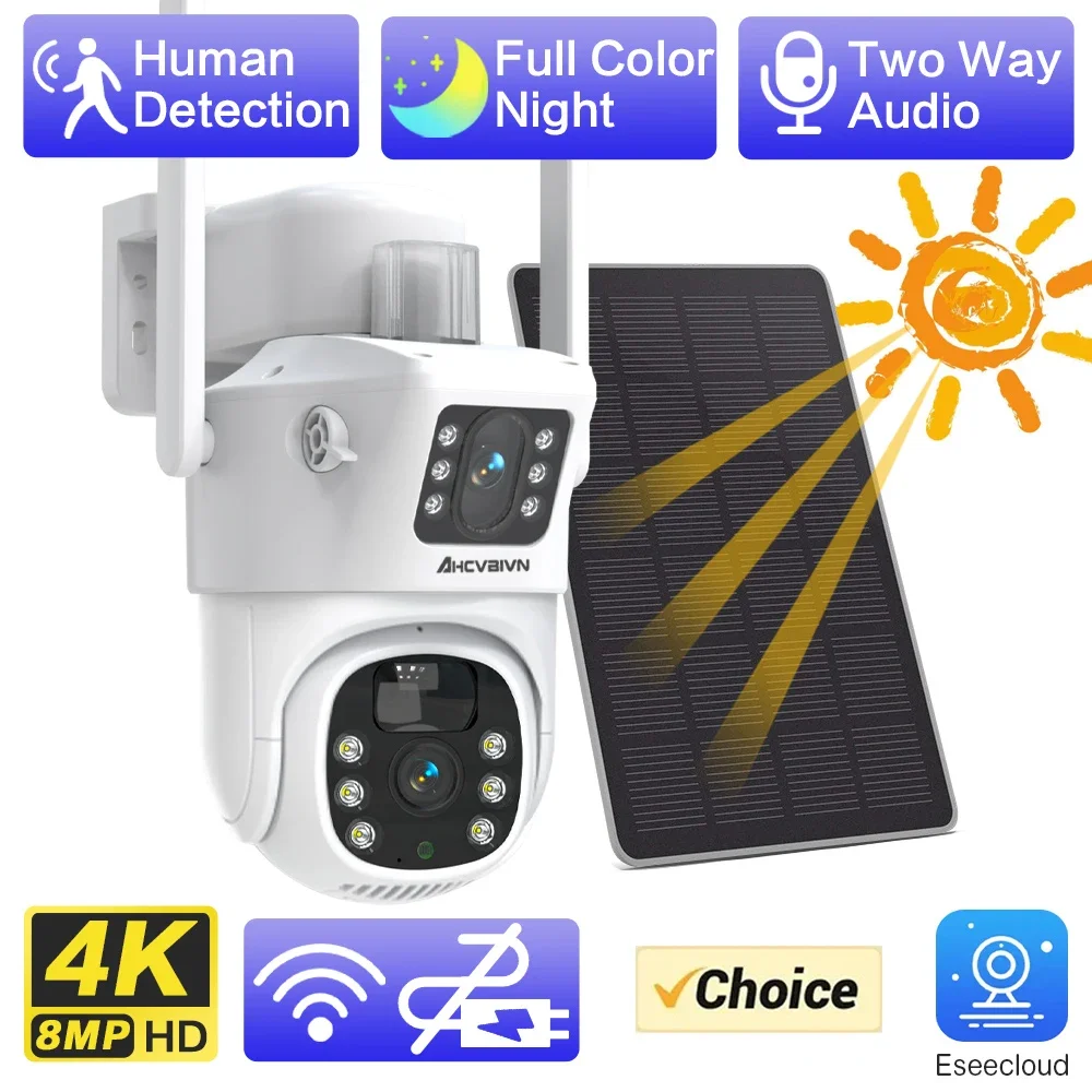 8mp Audio Solar Panel Mult Ptz Camera Wifi Outdoor CCTV Camara Auto Tracking Eseecloud Security Protection Built in Battery 4k