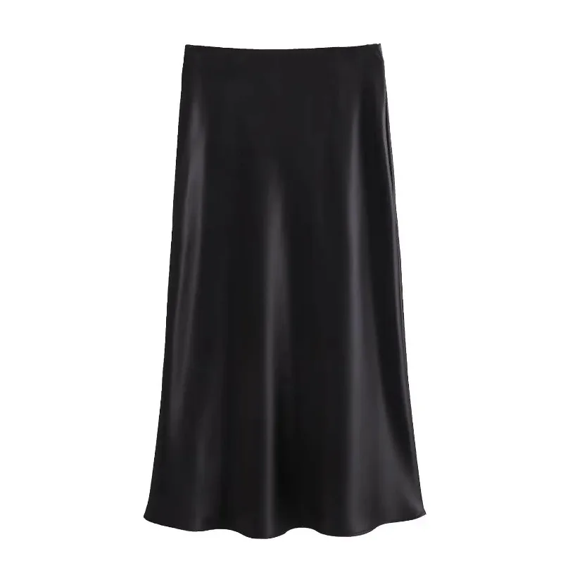 1pcs Black Satin Skirt Women's High Waist Elegant Skirt, Fashionable Maxi Skirt Office Ladies Skirt