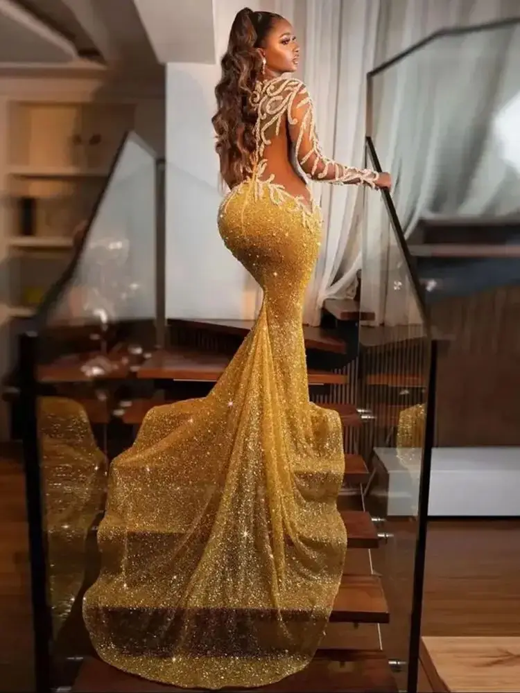 2023 Kant Applique Kralen Avondjurken Goud Lovertjes Vrouwen Luxe Feestjurk Zeemeermin Formele Prom Jassen Celebrity Gala Gewaad