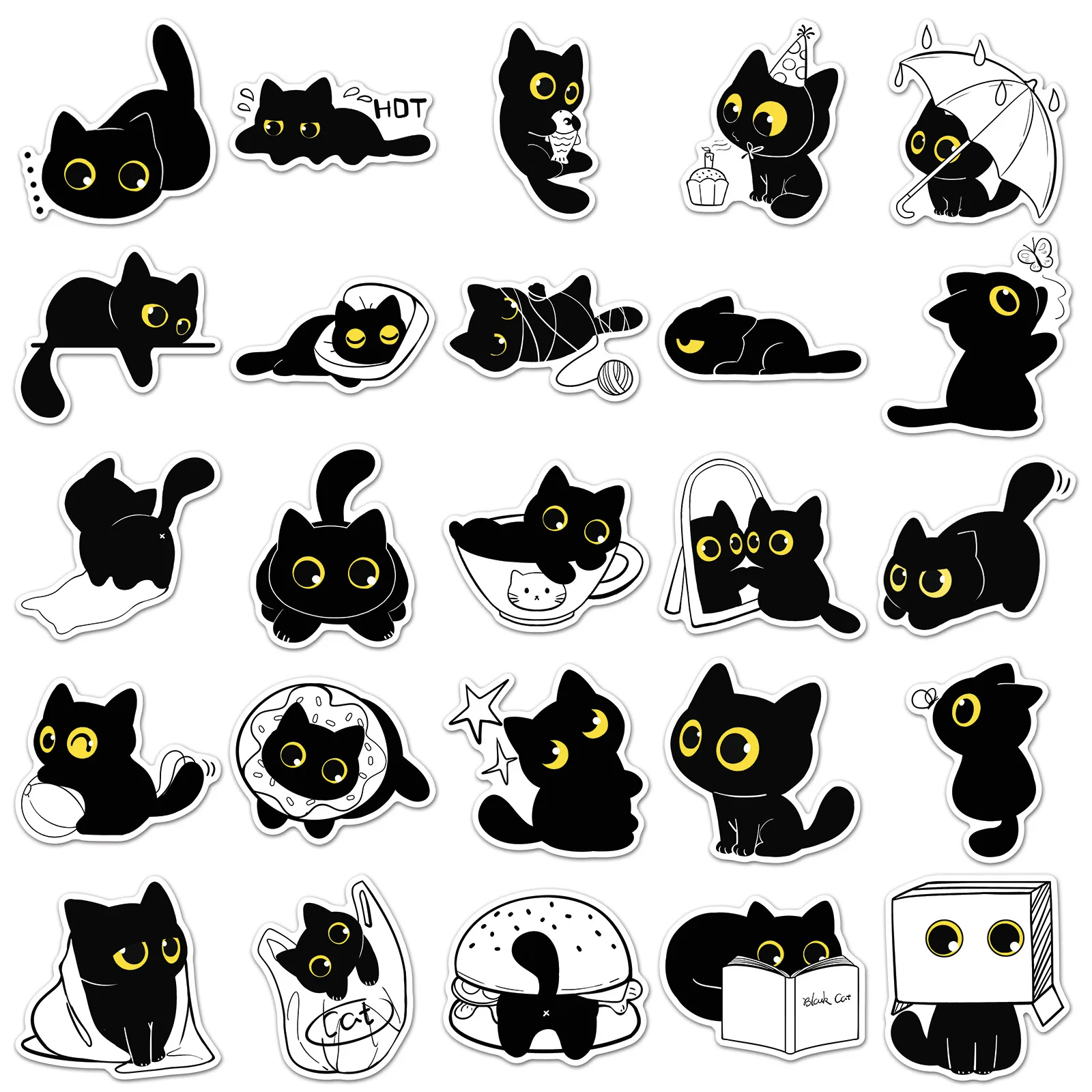 

50PCS Cute Black Cat Stickers Cartoon Animal Decoration Creative DIY Kids Toys Suitcase Fridge Laptop Guitar Car Bike Decals