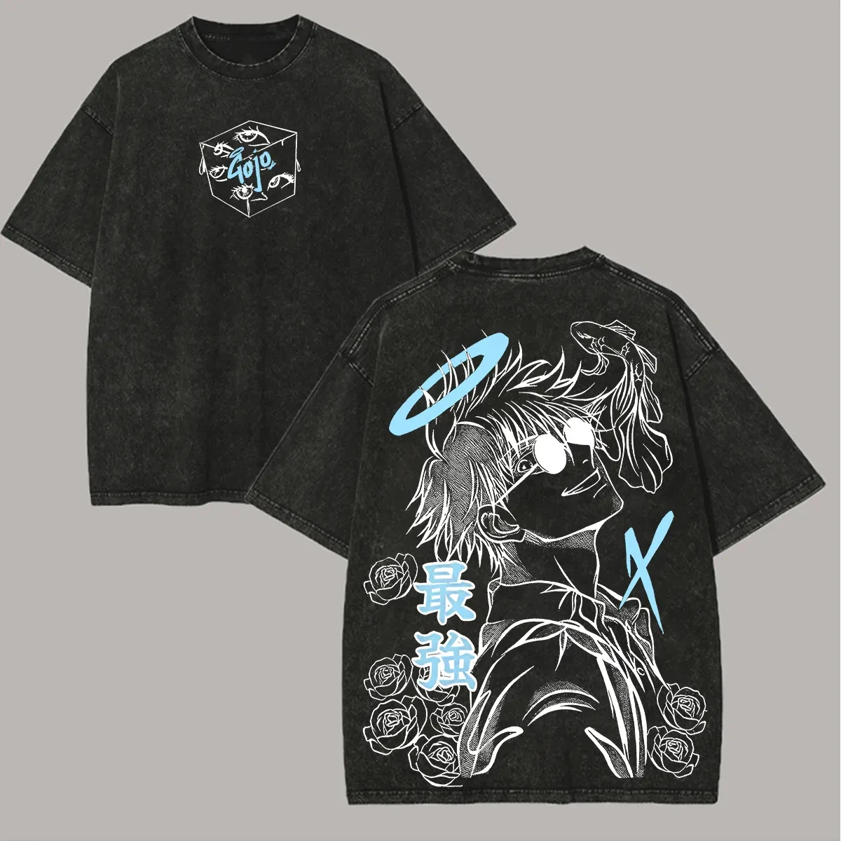 

Jujutsu Kaisen Gojo Satoru T Shirt Angel Halo Graphic Back Print Men Acid Wash Oversized Streetwear Anime Cotton Top Tee