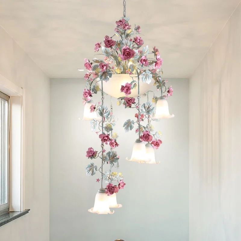 Rose Flower Chandelier Lighting Lustre Originality Hotel Cafe Art Deco Floral Chandelier Stairs Lamp Hanglamp LED Pendant Light