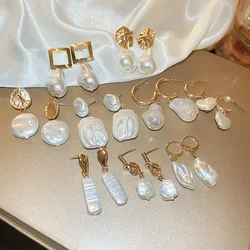 Minar Korean Fashion Multiple Irregular Geometric Heart Rhombus Baroque Pearl Long Drop Earrings for Women Wholesale Jewelry