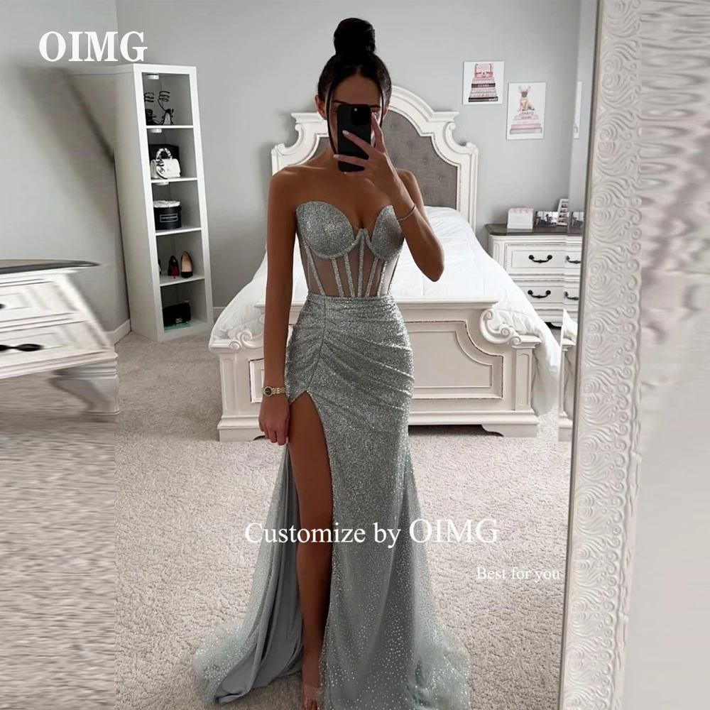 

OIMG Sparkly Mermaid Glitter Long Party Evening Dresses Sweetheart Boning Pleats Side Split Sexy Lady Shiny Prom Gowns