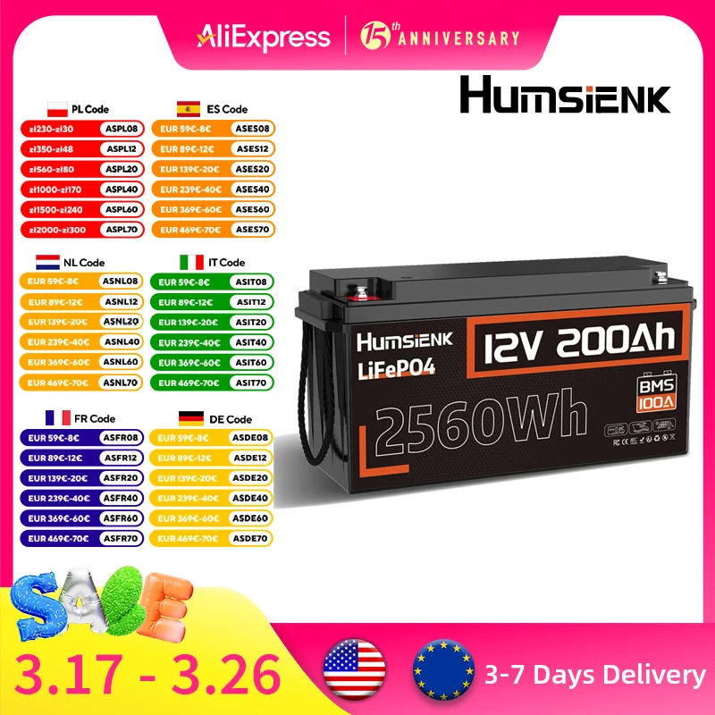 Humsienk 12V 200AH Built-in 100A BMS A+ Grade Cells Up to 15000 Cycles for RV, Outdoor Camping, Home Energy Storage, etc