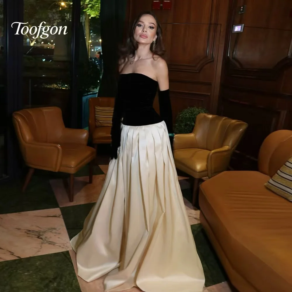 ทูฟกอนชุดราตรีเกาะอกสีดำสีขาวแขนยาวสั่งทำพิเศษทรงเอไลน์ผ้าซาตินเนื้อนุ่มชุดราตรีงานเลี้ยงงานพิธีการ