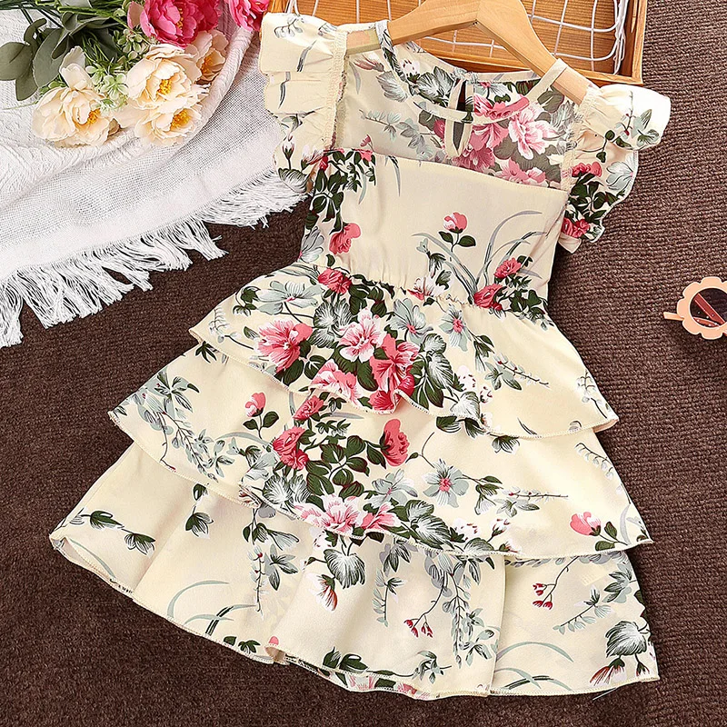 Summer Fashion For 4-7Ys Kids Girls Outfit Cream-Colored Mesh Patchwork Retro Printed Cake Dress Ball Gown Vacation Party Casual