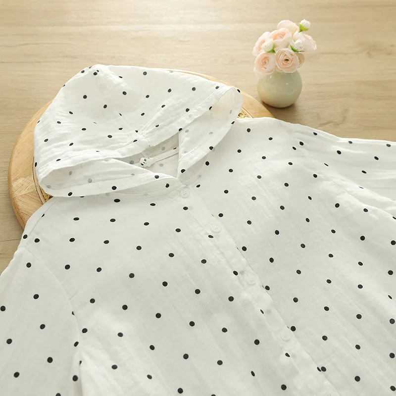 

Women's All-match Summer Loose Tops Polka Dots Printing Long Sleeve Hooded Shirt for Female Cotton Sunscreen Clothing S171