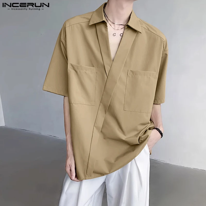 INCERUN-Blusa de manga corta para hombre, camisa holgada con cuello en V, diseño de bolsillo, lisa y sencilla, estilo informal, S-5XL