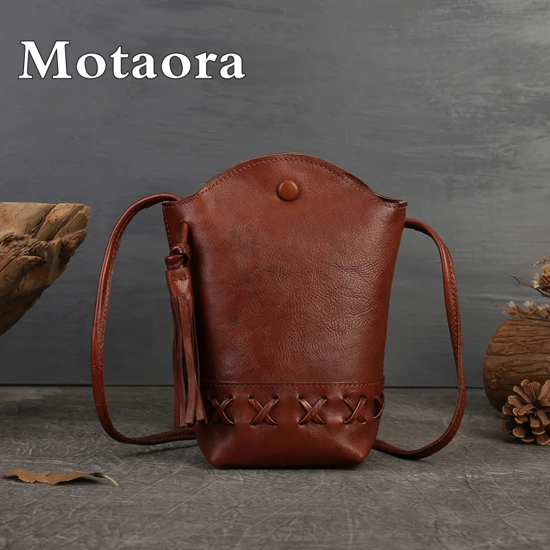 

MOTAORA New Small Cowhide Women Shoulder Bag Casual Tassel Bucket Handbag Mini Genuine Leather Mobile Phone Crossbody Bag Purse