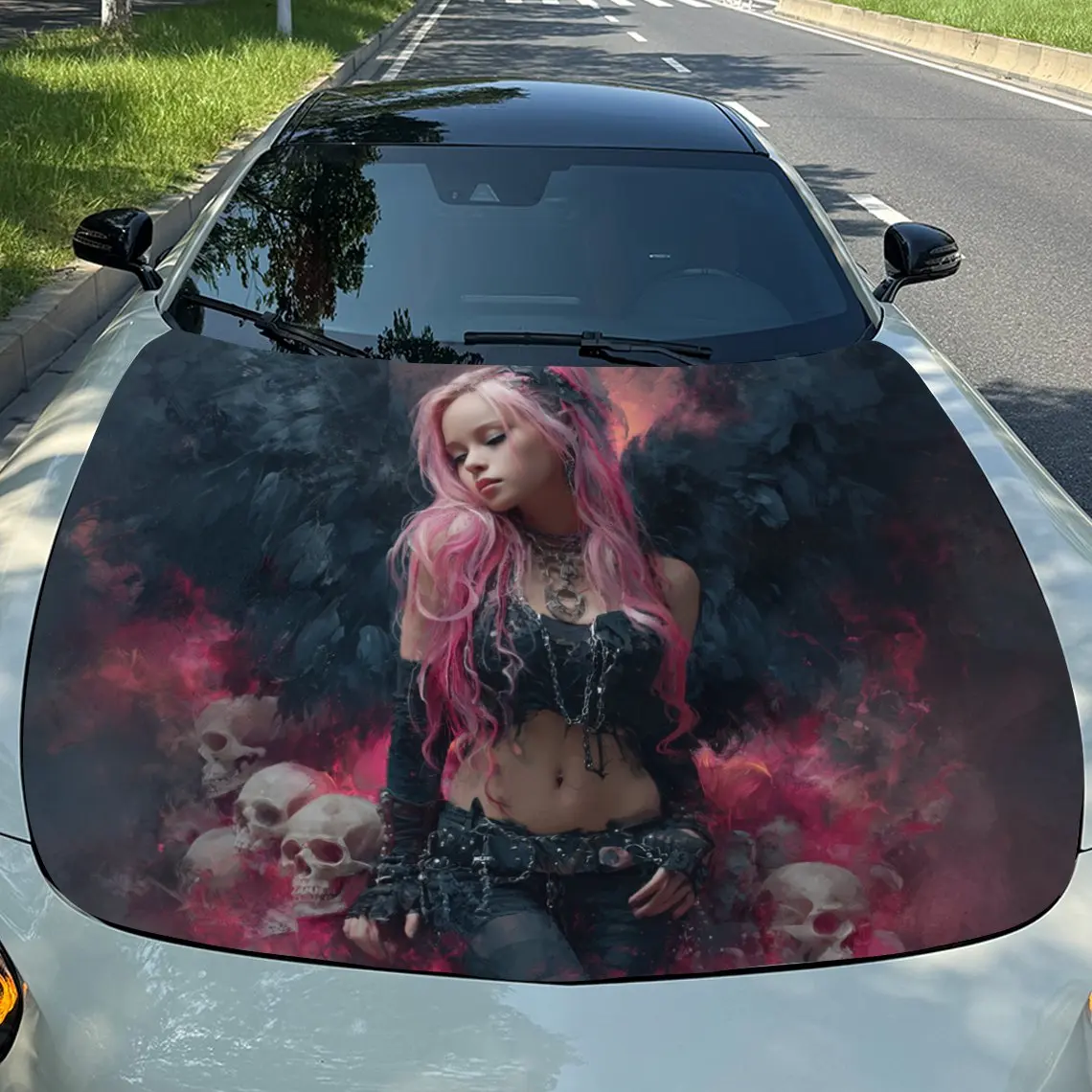 

Pink Haired Black Winged Girl Vinyl Wrap, PVC Waterproof Hood Vinyl Wraps Sticker, Self-Adhesive Scratch- Stickers For Engine Co