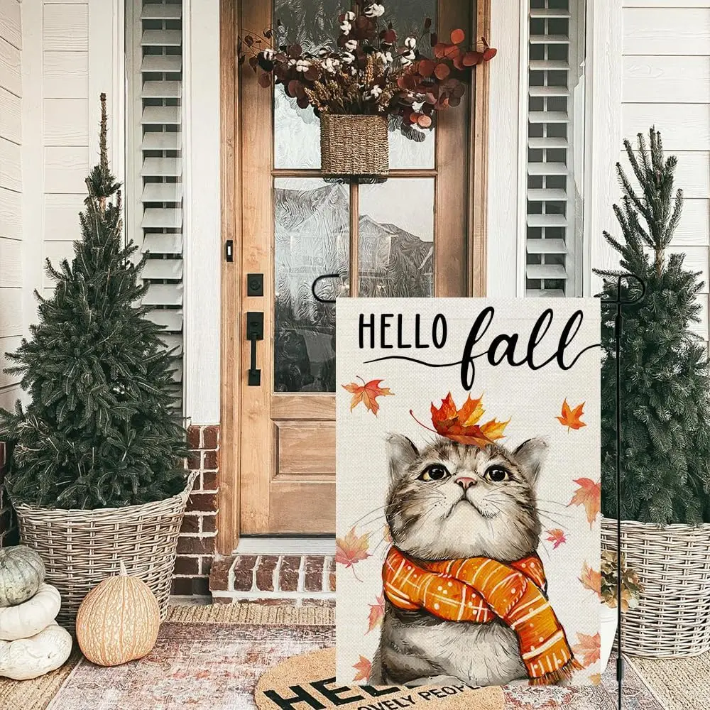 CROWNED BEAUTY Hello Fall Cat Garden Flag 12x18 Inch Double Sided for Outside Small Burlap Autumn Holiday Yard Decoration CF1690