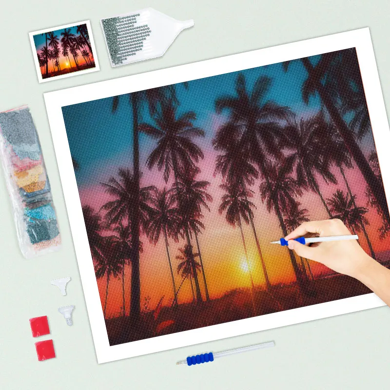 RUOPOTY Diamond Painting Landscape Coconut Tree Rhinestones Diamond Embroidery Sale Sunset Mosaic Handicraft