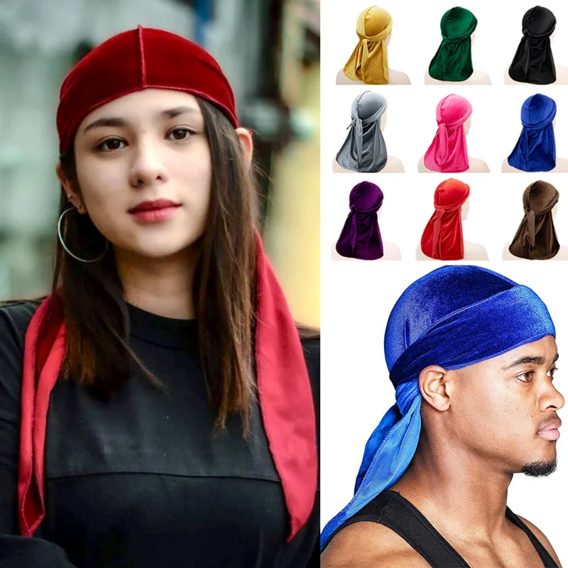 Spring Velvet Breathable Bandana Hats Durag For Men Women Hip Hop Caps Du Rag Riding Long Tail Headwrap Unisex Turban Durag Caps