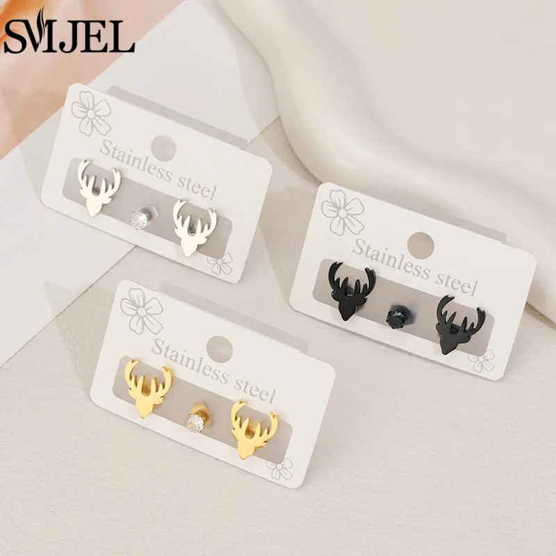 3Pcs Fashion Cute Reindeer Antler Stud Earrings for Women Minimalist Deer Horn Earings Stainless Steel Christmas Jewelry Brinco