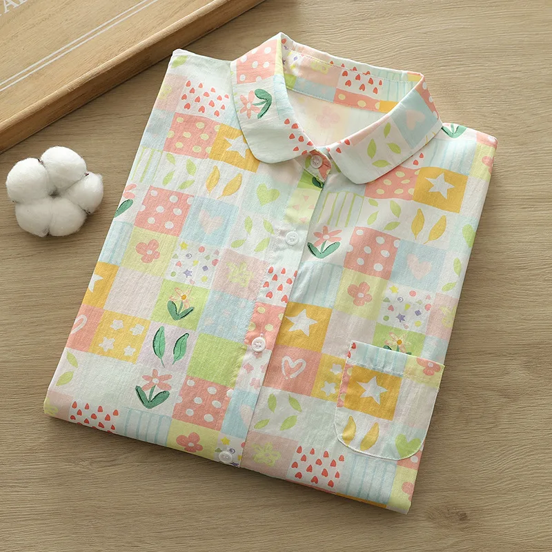 

Japanese Sweet Mori Girl Ink Floral Print Cotton Shirts Women Spring Summer Turn Down Collar Long Sleeve Casual Loose Blouse Top