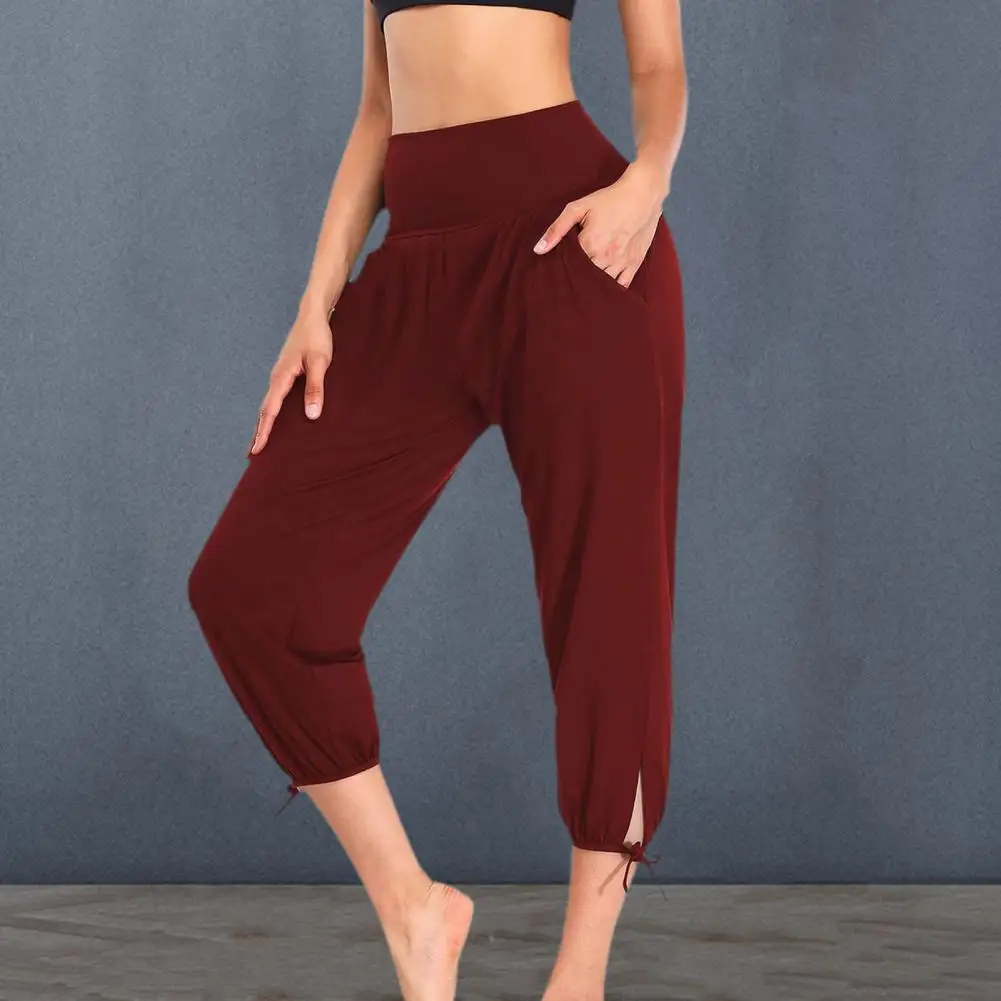 Women High Waist Cropped Pants High Waist Yoga Pants with Pockets Stretchy Sport Cropped Pants for Women Solid Color for Women