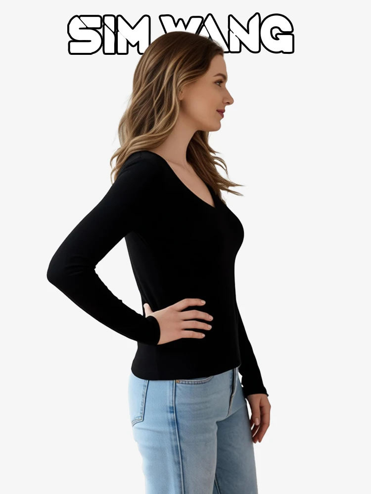 Simple low V-neck tight-fitting long-sleeved T-shirt for women, perfect for layering and versatile in style. - view 4