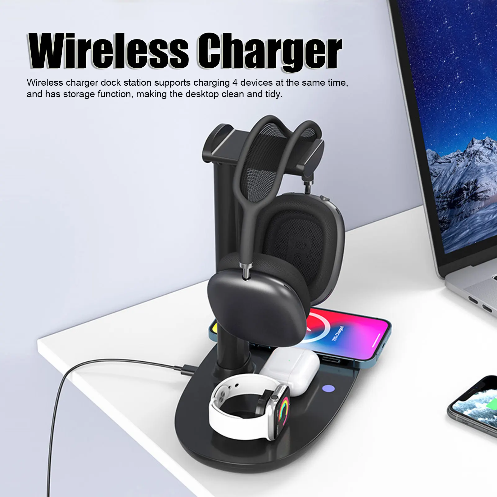 

【New】4 in 1 Wireless Charger Headphone Stand QI 15W Fast Charge Detachable Stylish Appearance Headphone Charging Hanger