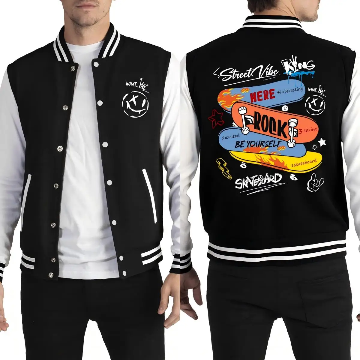 

Skateboard Rock Be Youself Prints Man Baseball Jacket Casual All-Match Streetwear Autumn Loose Jersey Soft Fleece Male Top