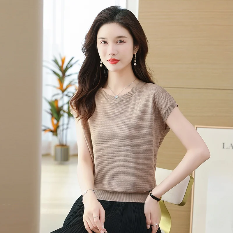 

Silk Ice Women's ort Sve T-irt Thin Bat Sle Summer Top Glue Fiber Knitted Loose Fit round Ne Casual Wear Summer Th...