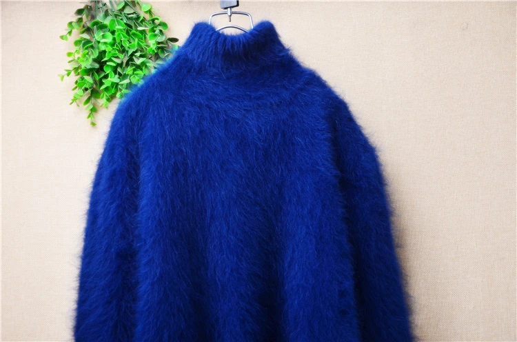 Ladies Women Autumn Winter Blue Hairy Mink Cashmere Knitted Long Sleeves Turtleneck Split Loose Pullover Sweater Jumper Pull Top