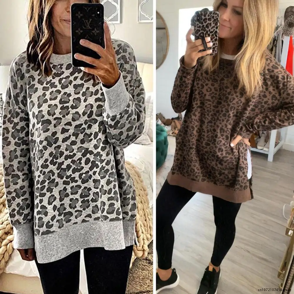 

Autumn Women Pullovers Tops Leopard Print Hoodies Jumper Sweatshirt Fall Lady O-Neck Irregular Hem Hoody Shirts Sudadera Mujer