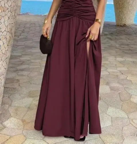 

Womens Dresses 2026 Spring Summer New Solid Color Sexy Deep V-Neck Backless Ruched Side Slit Slim Fit Temperament Long Dress