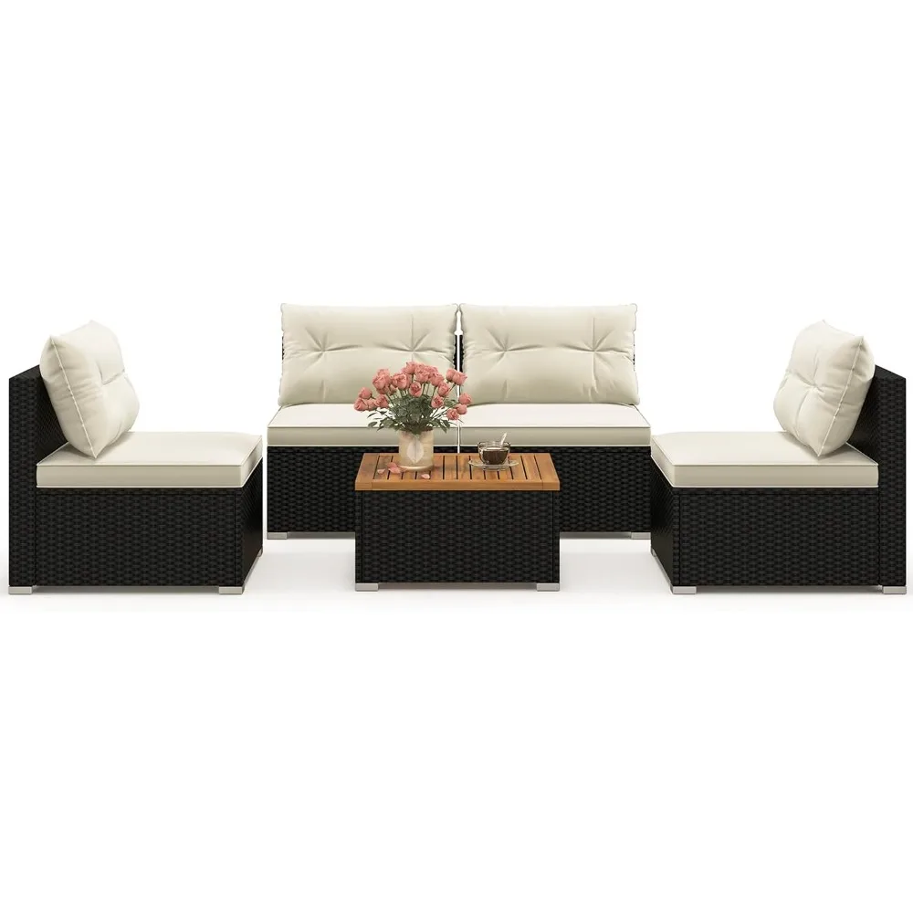 

5 Piece Rattan Sofa Set, Patiojoy Outdoor Wicker Furniture Set with Seat & Back Cushions, Square Coffee Table, Patio Se
