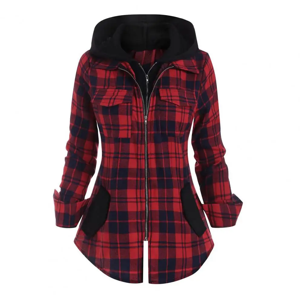 Women Shirt Plaid Hooded Autumn Winter Fake Two Piece Pockets Blouse for Daily Wear Female Long Sleeve Cardigan Shirt Sweatshirt